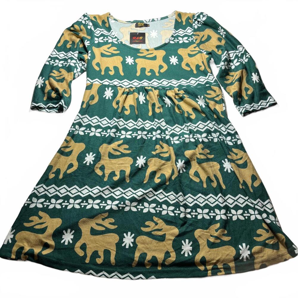 R & B Collection Green & Gold Reindeer Long Sleeve Dress Soft Christmas Size XL